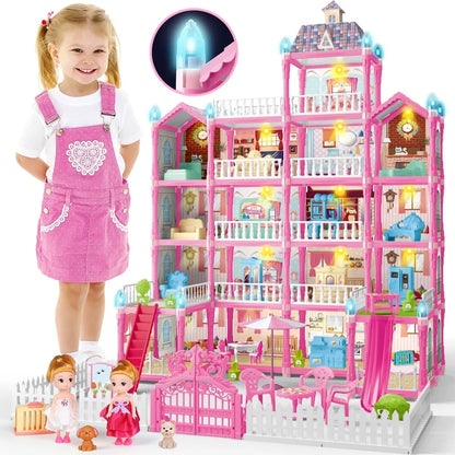 Doll House for Girls, 5-Story 19 Rooms Huge Dollhouse Playset with LED Lights, 2 Dolls, Furnitures, Accessories, DIY Pretend Play House Toys Gifts for Kids, Pink